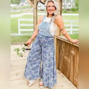 Free Spirit Paisley Lace Trim Wide Leg Overalls